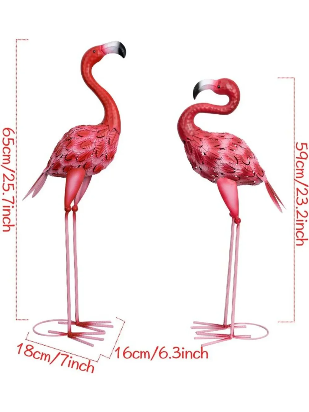 Set of 2 Metal Flamingo Garden Statues - Red Yard Art for Outdoor Décor